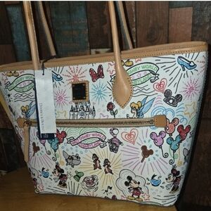 Disney Cream Tote with Multicolor Character Print and Tan Trim